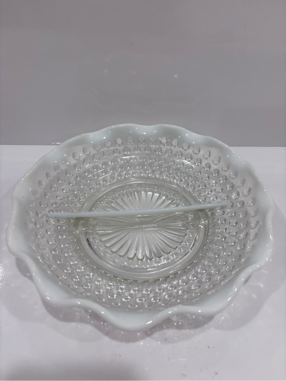 Vintage white milk glass hobnail divided candy relish dish scalloped serving